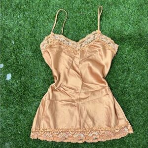 Vintage F21 Y2K  bronze satin cami top with lace trim.